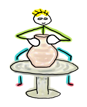 Pottery Making Stickman sits behind a potters wheel crafting a new piece. A fun hand drawn design for pottery makers.