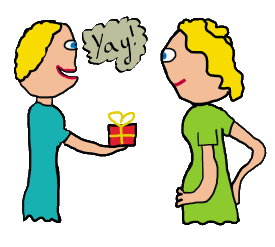 Pregnant stick woman being congratulated by friend