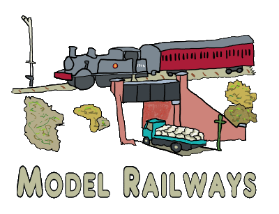 Model Railways design shows a hand drawn partial track layout with model train on a bridge and a truck underneath, plus the words 