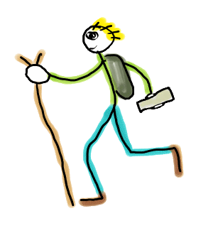 Rambling, hiking and walking image shows a stickman rambler making rapid progress with stick, map and backpack. A fun hand drawn design for ramblers and hiking enthusiasts.