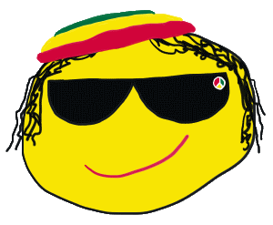 Rasta emoji is an emoticon style Rasta This guy has style along with the yellow face and big red smile.  He wears a pair of shades with a Rasta themed CND peace symbol logo and a red, yellow and green hat with dreads hanging down.  A bright fun and affectionate image.