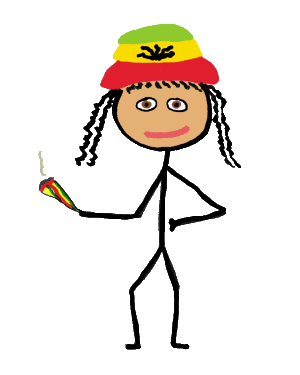 A humorous Rasta stickwoman wearing Rasta hat, a happy smile, and dreads.