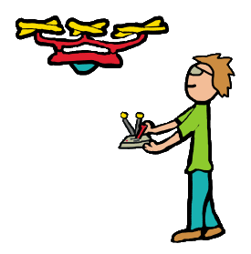 Pilot flies drone with camera which looks back at him