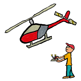 RC Helicopter Flying graphic features a cool radio controlled helicopter being remote piloted by an expert on the ground.