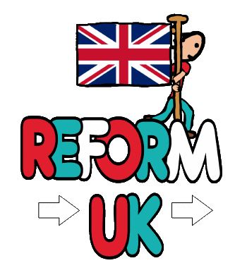 Reform UK design shows a patriotic Brit with Union Jack running across the lettering spelling out Reform UK in red, white and blue lettering. Vote Reform UK!