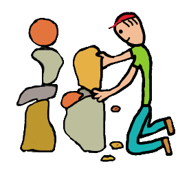 Rock balancing - hobbyist in the act of balancing two stones with a complete pile to the side.