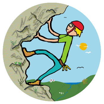 Rock or free climbing stickman grabs handholds and climbs