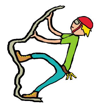 Rock climbing stickman grabs handholds and climbs