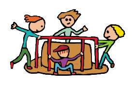 Kids playing on a playground roundabout - a park merry-go-round.