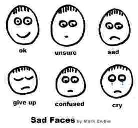 sad stick figure faces - ok, unsure, sad,given up, confused and crying