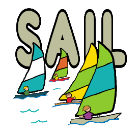 Sailing design shows sailors piloting dinghies in race across the water with large 