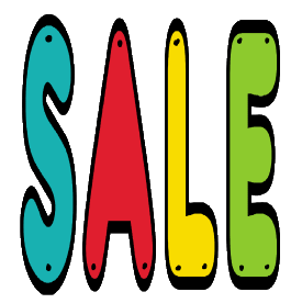 Sale design features large lettering in different colors 'nailed on' to the sign. For a bright and clear 'Sale' sign.