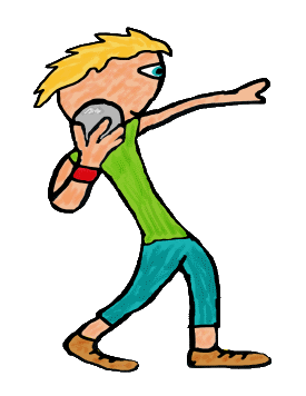 The shot put involves a round heavy ball which the athlete tucks into their chin, spins and launches the shot into the air hoping to cover the greatest distance in the competition. Fun graphic of shot put action in track and field event.