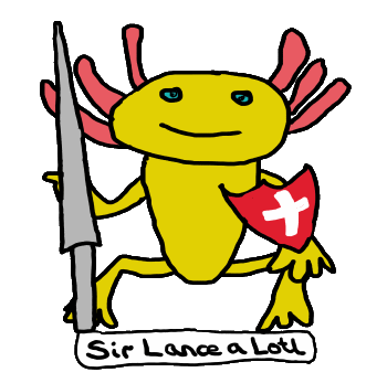  Funny Axolotl Knight is a hand drawn image featuring a brave axolotl holding a lance and shield. He is Sir Lance a Lotl! Humorous wordplay for axolotl fans.