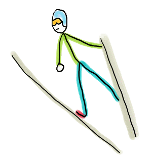 Ski Jumping Stickman launches into a ski jump, skis angled forward and body streamlined in mid-flight. This hand drawn image captures the bold, weightless moment of winter-sport adrenaline.