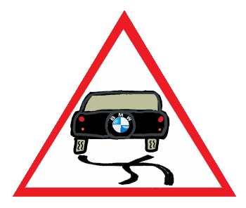 Warning sign shows BMW slipping on icy road