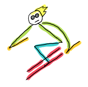 Playful stickman skier mid‑jump with spiral goggles, yellow hair, and bold red skis. This hand-drawn design captures the thrill of skiing and the quirky joy of winter sports - perfect for slope fans, alpine adventurers, and anyone who loves expressive, minimalist art.