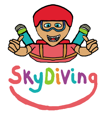 A fun Skydiving design shows a skydiver with helmet, goggles, thumbs up and legs splayed out behind. Falling through the air waiting for the right moment to deploy the parachute. The word 