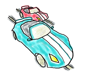 A fun drawing of two slot cars racing side by side with bold colors, motion lines, and full throttle energy. For fans of racing, retro toys, and expressive minimalism. The design features red and blue cars locked in a high‑speed duel. Perfect for slot car enthusiasts, childhood nostalgia lovers, and anyone who knows the thrill of tiny cars and big competition.