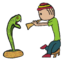 Snake charmer plays pipe to snake rising from a basket.