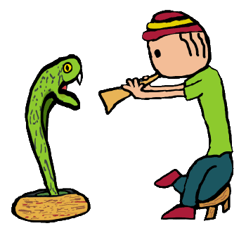 Snake charmer plays pipe to snake rising from a basket.