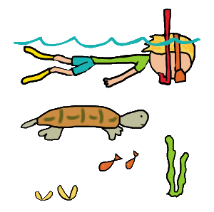Snorkel design features a keen snorkeler using basic equipment (snorkel, goggles, flippers) to cruise underwater looking at the wildlife. Includes a turtle, some fish, clams and seaweed - all in a stick figure style graphic for snorkeling fun.