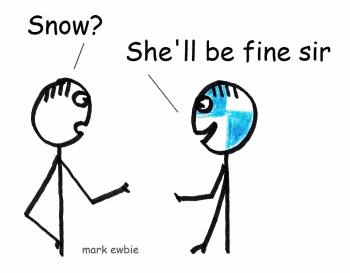 Cartoon shows salesman reassuring customer about snow weather driving