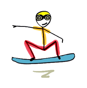 Snowboard design shows a snowboarder riding board with arms out for balance.  Cool bold snowboarding graphic.