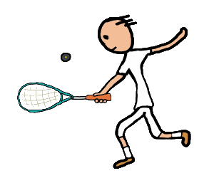 Squash playing design shows hand drawn stickman player reaching for the ball in a fun action pose image.