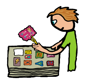 Stamp collecting design shows a keen philatelist examining a prized stamp from their collection.  Stamp album is open showing a number of other valuable stamps.  Cool design for a hobby where philately will get you everywhere.