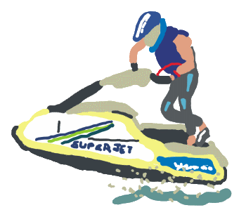 Stand Up Jet Ski SuperJet design shows a jet skier having fun on the water.  Hand drawn, colorful and cool image for fans of this amazing water sport.