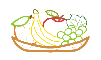 Still life graphic fruit bowl design with apple, orange, banana and grapes in a bowl.