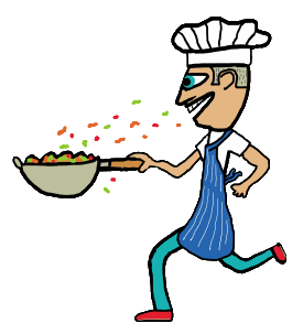 Stir Fry Crazy design features a crazy chef running at high speed with a wok of stir fry noodles and vegetables flying in all directions. A funny cooking design.