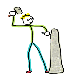 Stonemason Stickman uses a hammer and chisel to work away at a large stone. A fun hand-drawn stonemasonry design.