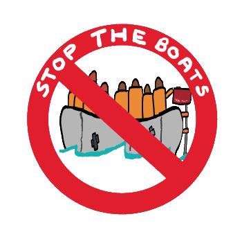  Stop the Boats design features a Stop sign with a dinghy full of people, plus the words 