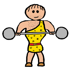 Circus strongman in leopard skin costume holds heavy weight.