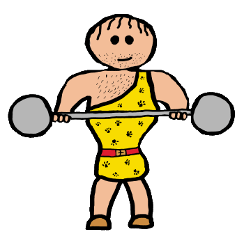 Circus strongman in leopard skin costume holds heavy weight.