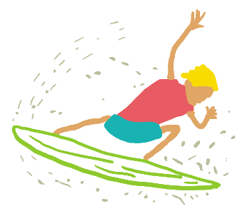 Surfing design shows a surfer in airborne action with balance and spray. A fun and colorful surf image.