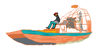 A swamp boat or airboat travels across shallow water - propelled by an aircraft engine and propeller mounted at the rear.  The flat bottom of the boat means nothing under the surface to snag in the shallows.  Hand drawn swamp pilot controls his craft.  