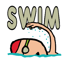Swimming design features swimmer taking a breath of air as they front crawl through the blue water in front of a large 