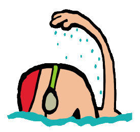 Swimming design features swimmer taking a breath of air as they front crawl through the blue water in front of a large 
