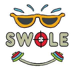 Swole bodybuilding design features some sweat above a pair of shades, the word 
