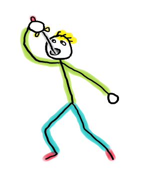 A fun hand drawn design shows a Sword Swallowing Stickman. This guy is an expert with a long career in front of him.