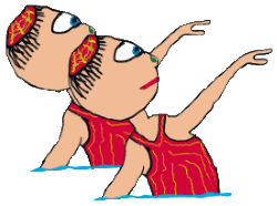 Dual synchronised swimmers wearing nose pegs