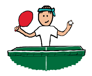 Table Tennis design shows cool ping-pong player behind the table holding a paddle in one hand and a table tennis ball in the other. Ready to play?