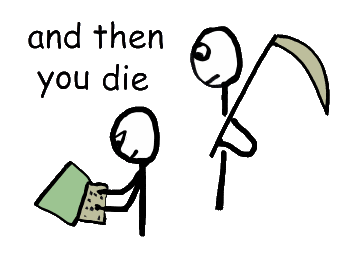 Work till you drop design shows worker at keyboard with Father Time behind him.  Message 