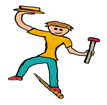 Circus tightrope walking design shows tightrope walker on rope balancing with hat in one hand and cane in the other.