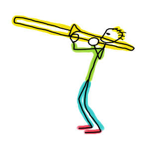 A fun cartoon drawing of a stick figure playing the trombone - complete with bold colors, exaggerated limbs, and musical energy. For fans of brass instruments, quirky art, and expressive minimalism. The design features a yellow trombone, red feet, and a green-blue body in full performance mode.

Perfect for trombonists, music teachers, band geeks, and anyone who loves a good blast of personality with their apparel.