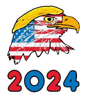 Trump 2024 Eagle shows a patriotic eagle with Stars and Stripes infill and a full head of blond Trump style hair, with the message 