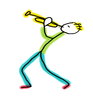 Stickman Trumpet Blast - bold lines, wild posture, and a splash of color that hits the high notes. This hand-drawn design features a yellow-haired figure in green, blue, and red, caught mid-performance with knees bent and trumpet raised. It’s a celebration of musical energy, perfect for trumpet players, jazz lovers, or anyone who plays with flair and fun.